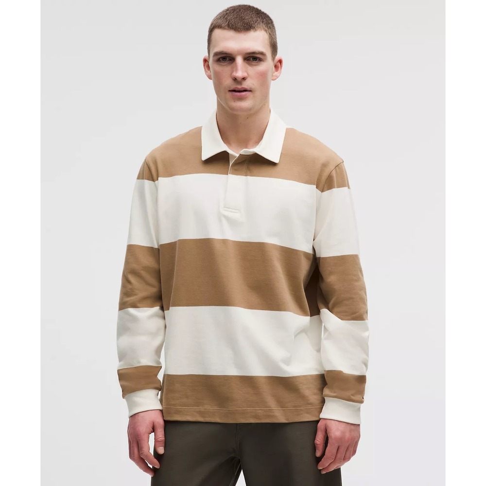 Lululemon Long-Sleeve Cotton Rugby Shirt Camel Brown Ivory Stripe Large NEW NWT